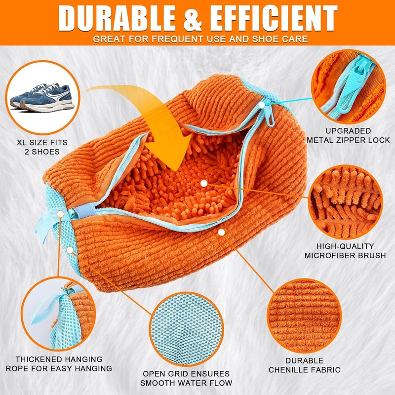 CNEYSID XXL Shoe Washing Machine Bag - 2-Pack Reusable Shoes Cleaning Bags, 360° Deep Clean for Sneakers, Tennis Shoes, and Slippers, Includes 2 Shoe Storage Dust Bags (Orange) - Image 2